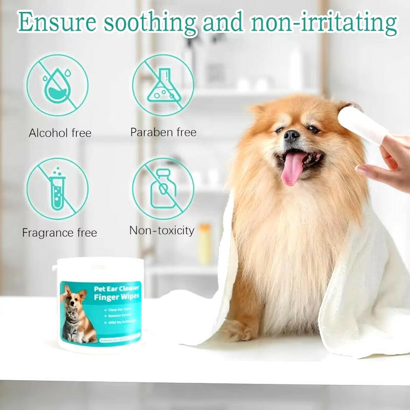 Convenient Disposable Pet Ear Cleaning Wipes with Finger Covers for Easy Ear Care and Mite Removal.