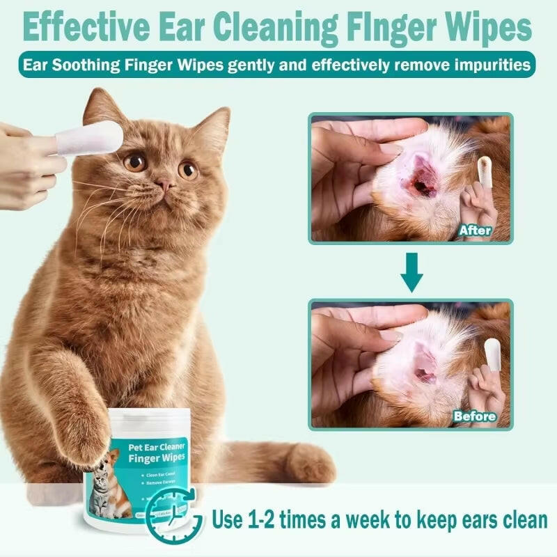 Convenient Disposable Pet Ear Cleaning Wipes with Finger Covers for Easy Ear Care and Mite Removal.