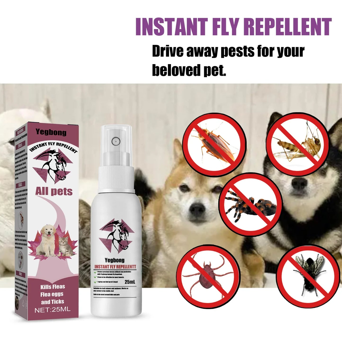 Pet Fur Spray for Effective Flea, Tick, and Mosquito Control in Dogs, Cats, and Home Environments.