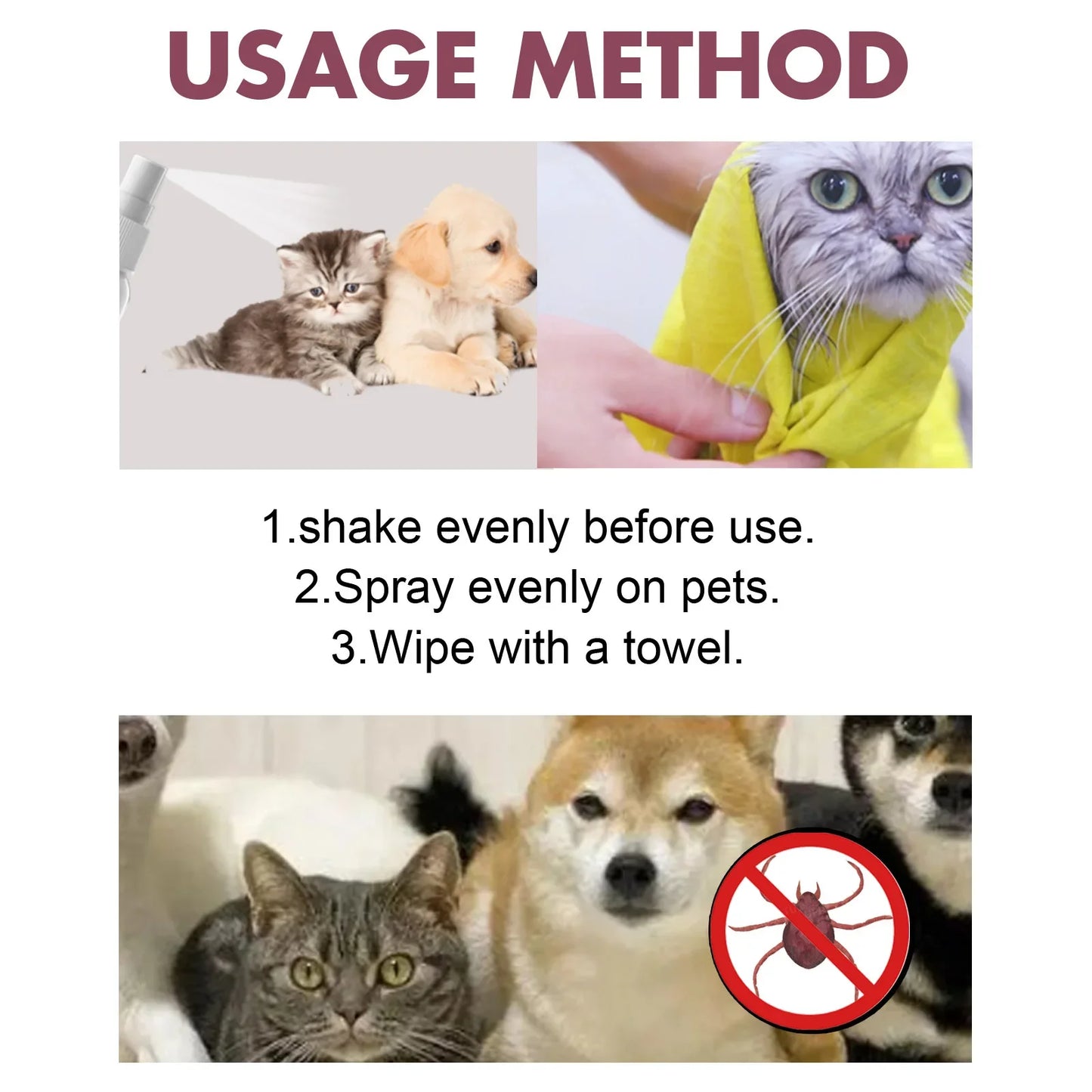 Pet Fur Spray for Effective Flea, Tick, and Mosquito Control in Dogs, Cats, and Home Environments.