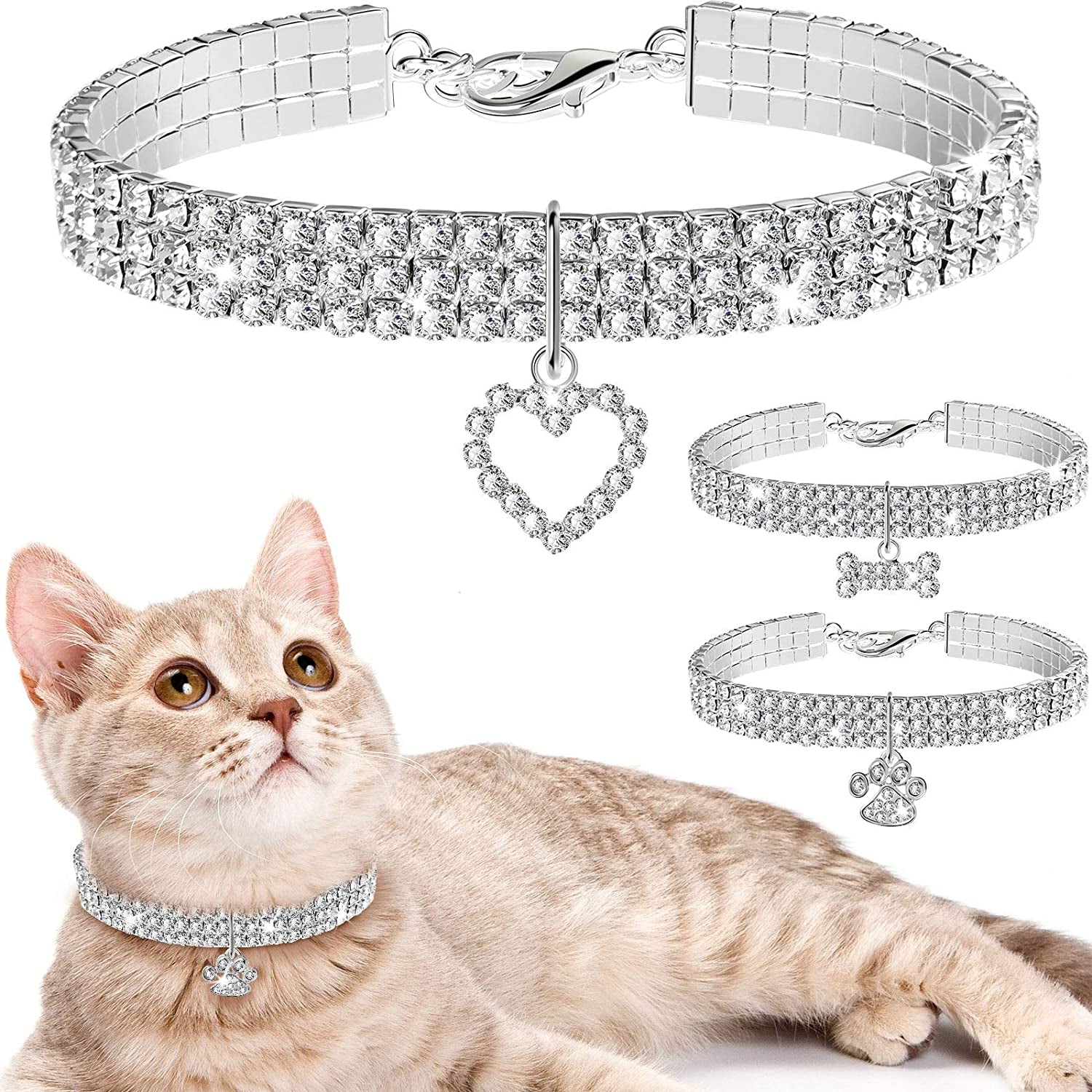 Set of 3 Rhinestone Pet Collars for Small Dogs and Cats.