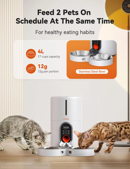 Automatic 4 L Dual Bowl Feeder with Voice Recording for Small Pets.